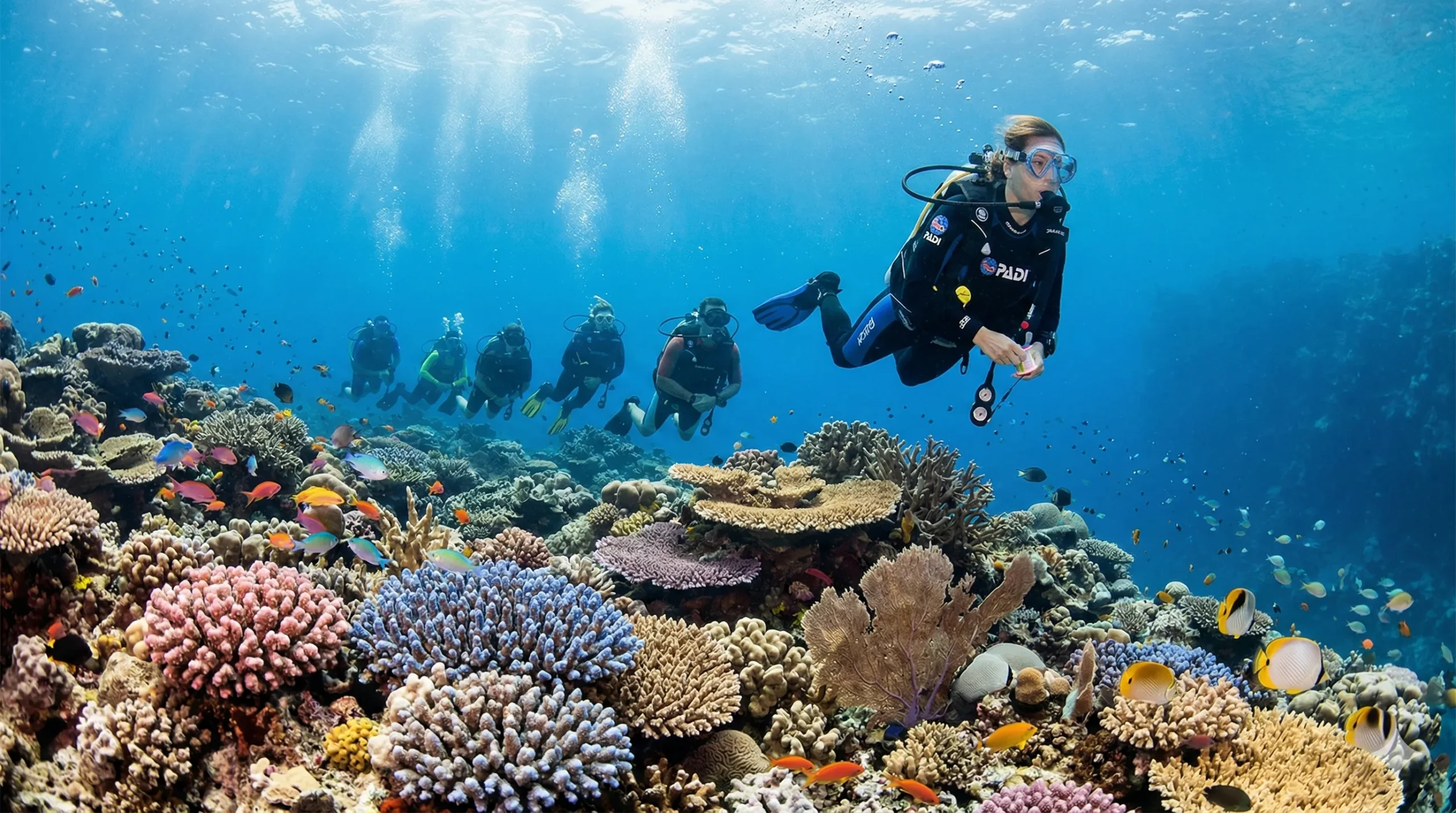 iDive dive guide leading a group of scuba divers